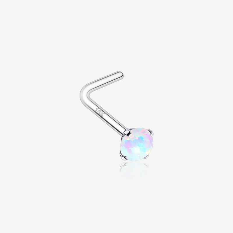 14 Karat White Gold Fire Opal Prong Set Top L-Shaped Nose Ring
