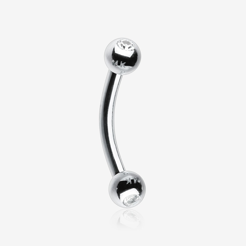14 Karat White Gold Gem Ball Ends Curved Barbell 16 GA (1.2mm), 5/16″ (8mm), Ball: 3mm