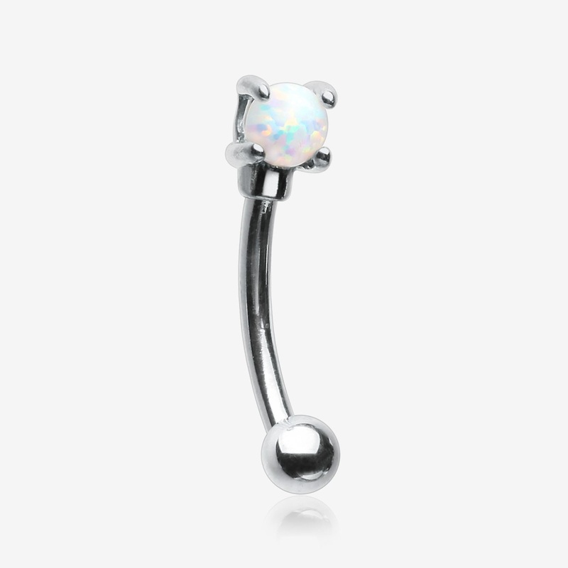 14 Karat White Gold Prong Set Fire Opal Sparkle Curved Barbell