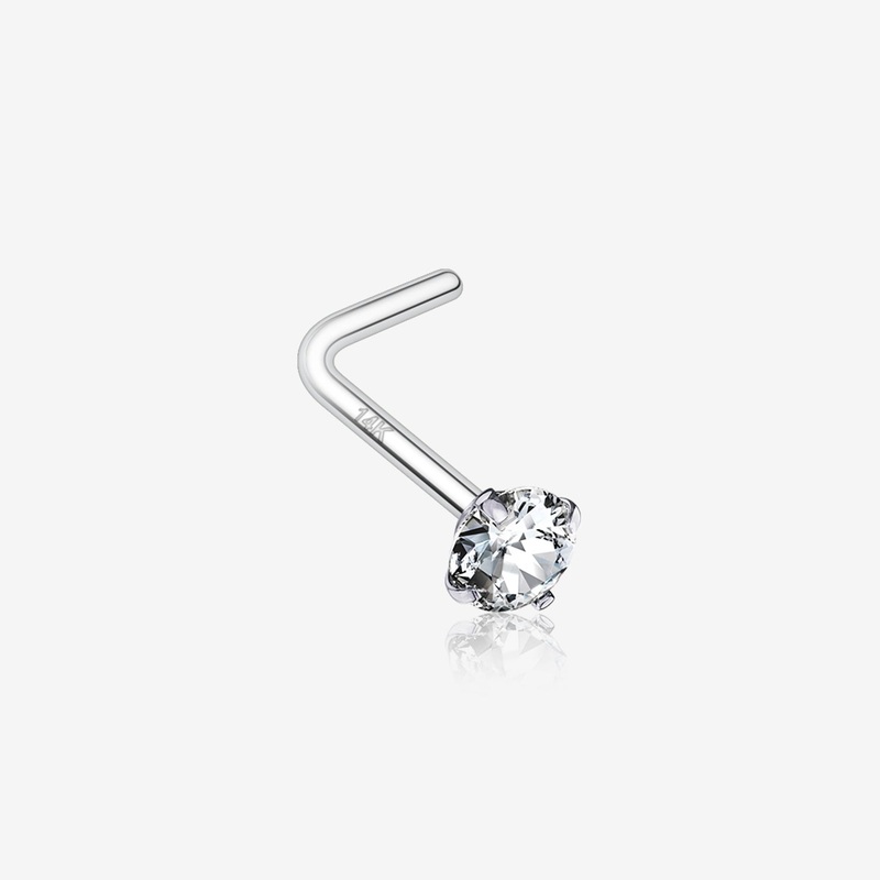 14 Karat White Gold Prong Set Gem Top L-Shaped Nose Ring 20 GA (0.8mm), 1/4″ (6mm), Gem: 2mm