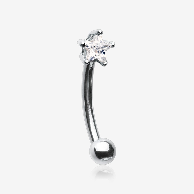 14 Karat White Gold Prong Set Star Gem Sparkle Curved Barbell