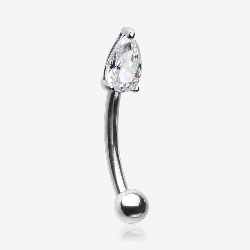 14 Karat White Gold Prong Set Teardrop Gem Sparkle Curved Barbell
