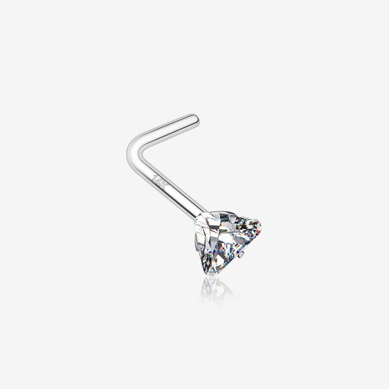 14 Karat White Gold Prong Set Triangle Gem Top L-Shaped Nose Ring