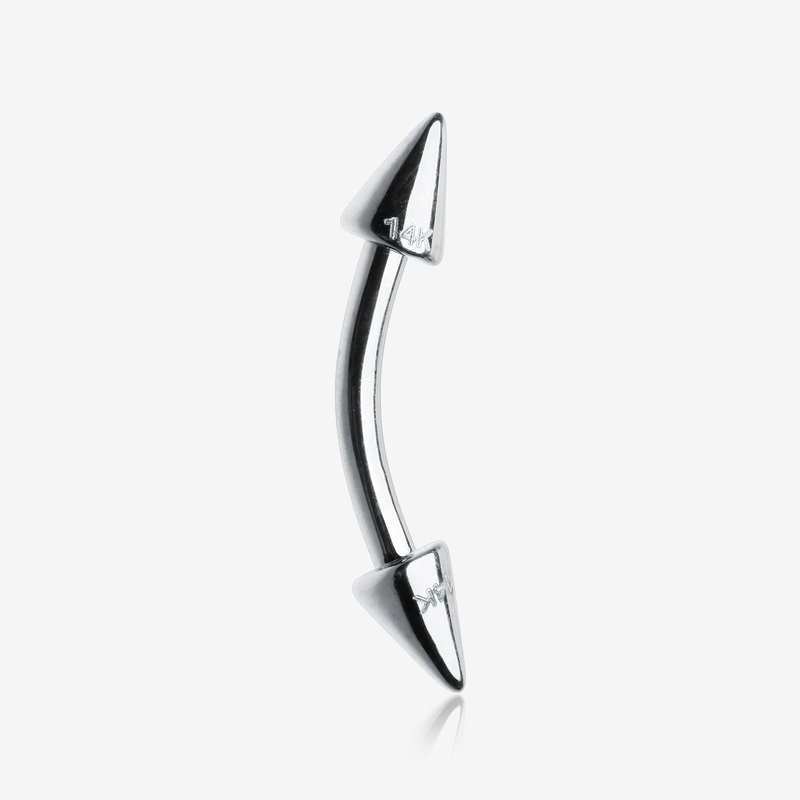 14 Karat White Gold Spike Cone Curved Barbell 16GA (1.2mm), 5/16″(8mm), (3×4)