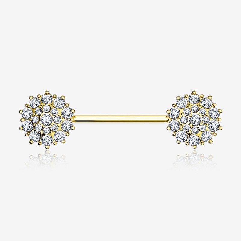 A Pair of 14 Karat Gold Brilliant Sparkle Glam Flower Nipple Barbell