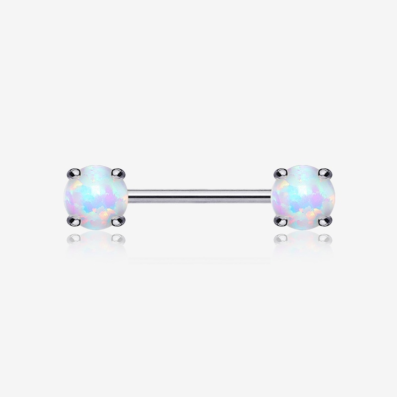 A Pair of 14 Karat White Gold Prong Set Fire Opal Sparkle Nipple Barbell