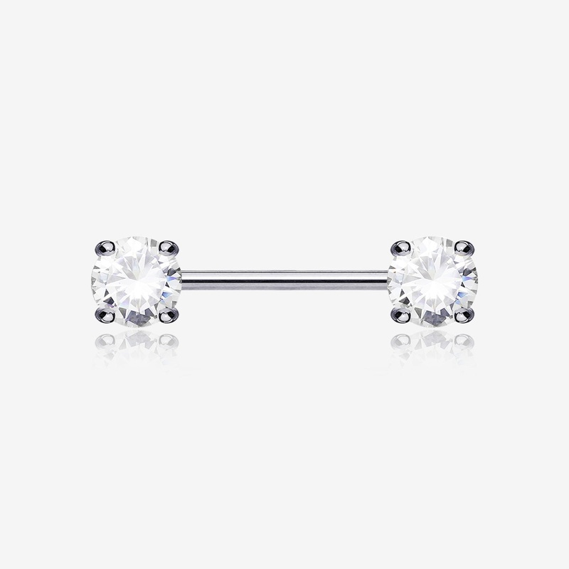 A Pair of 14 Karat White Gold Prong Set Gem Sparkle Nipple Barbell