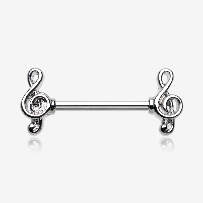 A Pair of Classic Treble Clef Music Note Nipple Barbell 14 GA (1.6mm), 1/2″ (12mm)