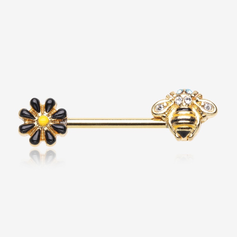 A Pair of Golden Sweet Daisy Bumble Bee Nipple Barbell 14 GA (1.6mm), 1/2″ (12mm)