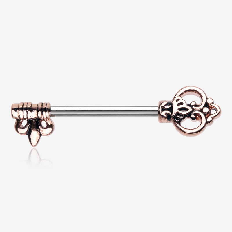 A Pair of Rose Gold Royal Antique Key Nipple Barbell 14 GA (1.6mm), 1/2″ (12mm)
