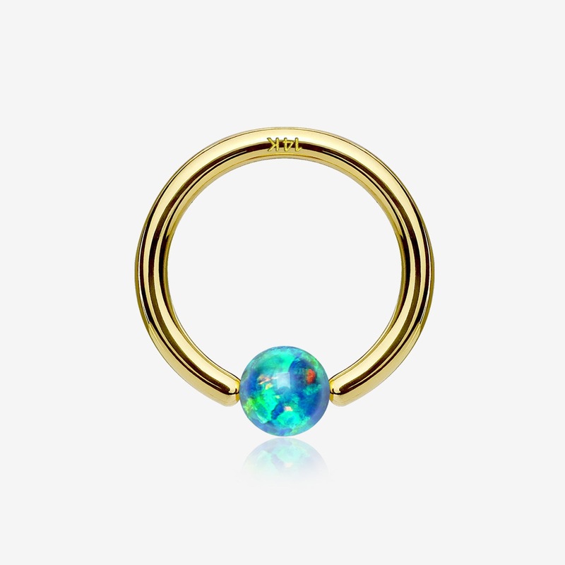 14 Karat Gold Fire Opal Ball CBR Style Bendable Hoop Ring 20 GA (0.8mm), 5/16″ (8mm), Ball: 2mm