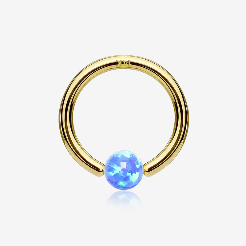 14 Karat Gold Fire Opal Ball CBR Style Bendable Hoop Ring Blue/Aqua 18 GA (1mm), 5/16″ (8mm), Ball: 3mm