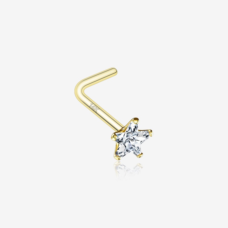 14 Karat Gold Prong Set Star Gem Top L-Shaped Nose Ring