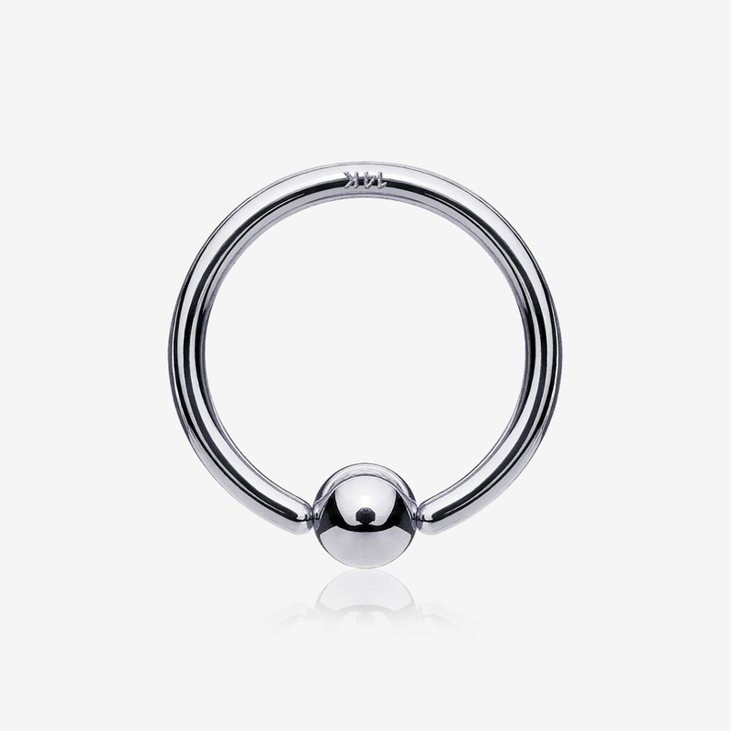 14 Karat White Gold Ball End CBR Style Bendable Hoop Ring 20 GA (0.8mm), 1/4″ (6mm), Ball: 2mm
