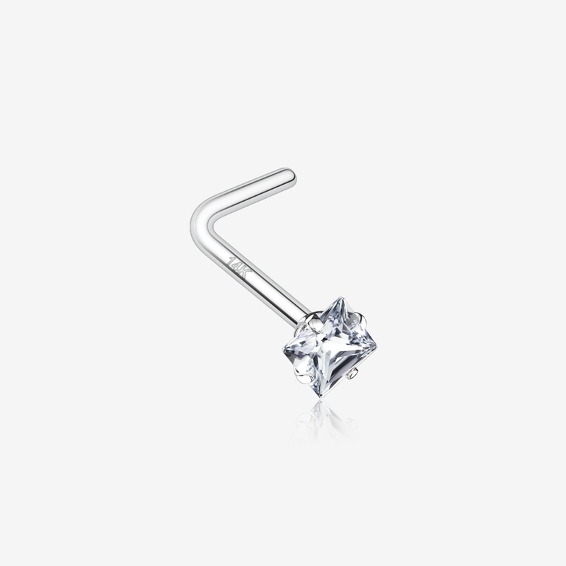 14 Karat White Gold Prong Set Princess Cut Gem Top L-Shaped Nose Ring
