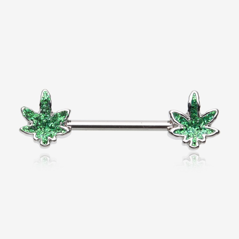 A Pair of Classic Glitter Sparkle Cannabis Nipple Barbell 14 GA (1.6mm), 1/2″ (12mm)