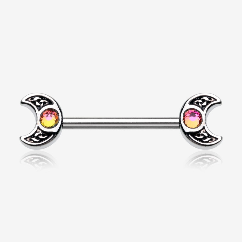 A Pair of Filigree Crescent Moon Sparkle Nipple Barbell 14 GA (1.6mm), 1/2″ (12mm)