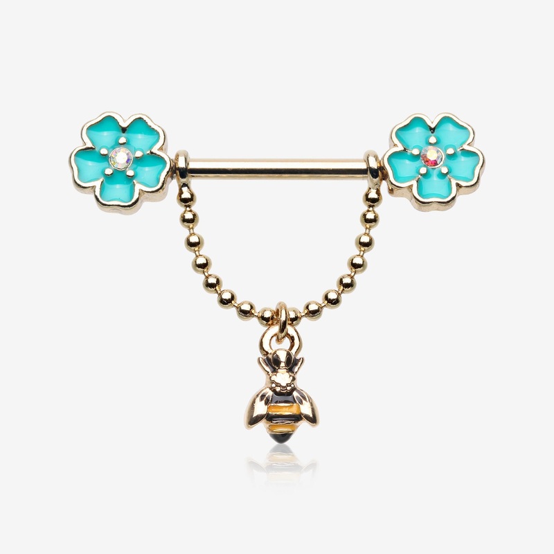 A Pair of Golden Flower Honey Bee Dangle Chain Nipple Barbell 14 GA (1.6mm), 1/2″ (12mm)