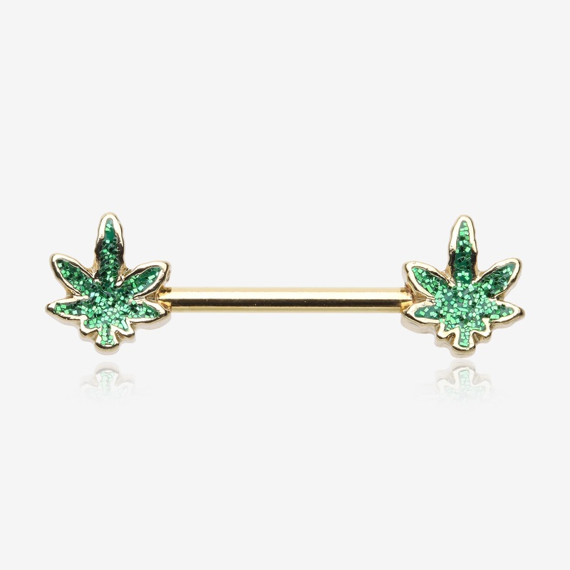 A Pair of Golden Glitter Sparkle Cannabis Nipple Barbell 14 GA (1.6mm), 1/2″ (12mm)