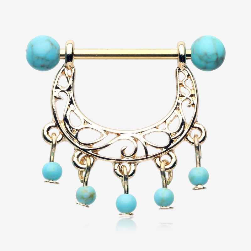 A Pair of Golden Royal Filigree Turquoise Dangle Nipple Shield
