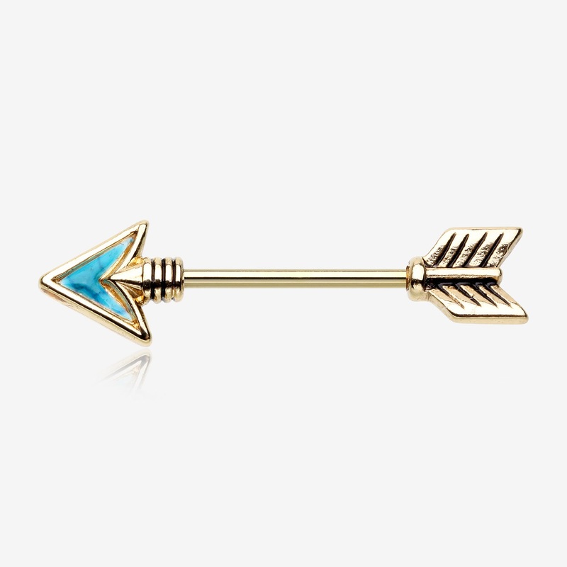 A Pair of Golden Vintage Arrow Turquoise Nipple Barbell 14 GA (1.6mm), 1/2″ (12mm)