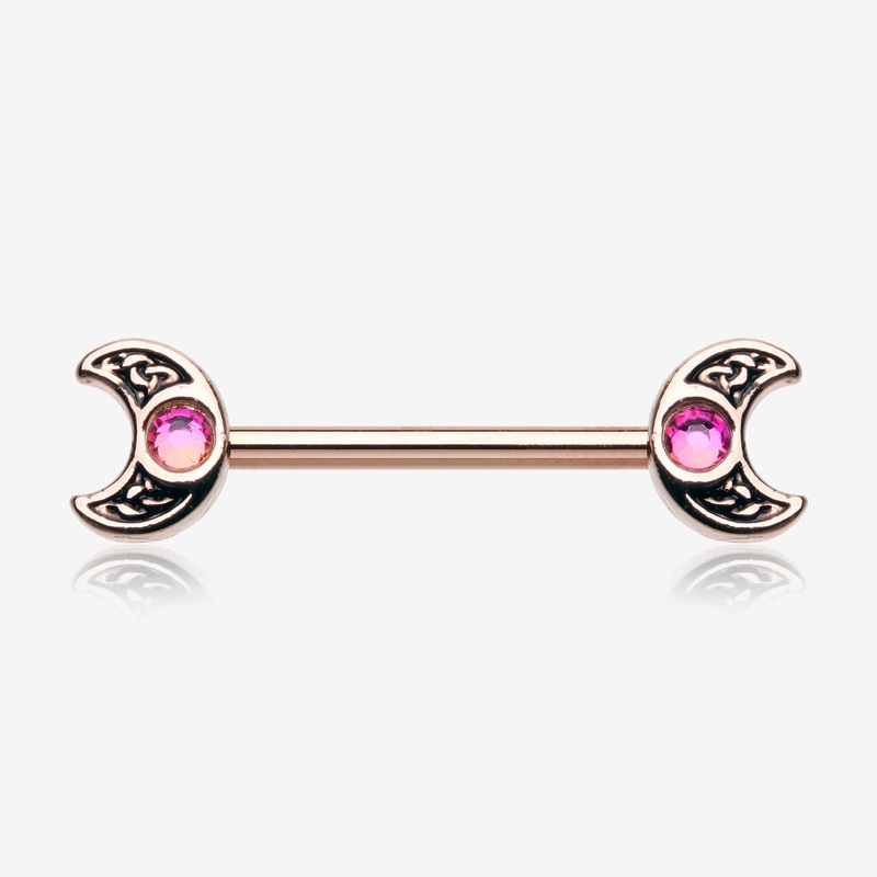 A Pair of Rose Gold Filigree Crescent Moon Sparkle Nipple Barbell 14 GA (1.6mm), 1/2″ (12mm)