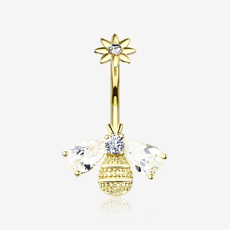 Golden Flower Sparkle Honey Bee Internally Threaded Belly Button Ring