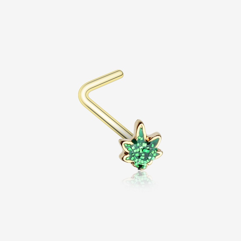 Golden Glitter Sparkle Cannabis L-Shaped Nose Ring