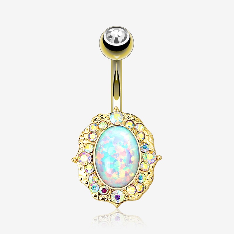 Golden Victorian Fire Opal Florid Sparkle Belly Button Ring
