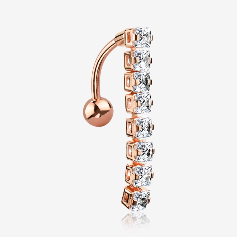 Rose Gold Classic Princess Gems Vertical Sparkle Reverse Belly Button Ring