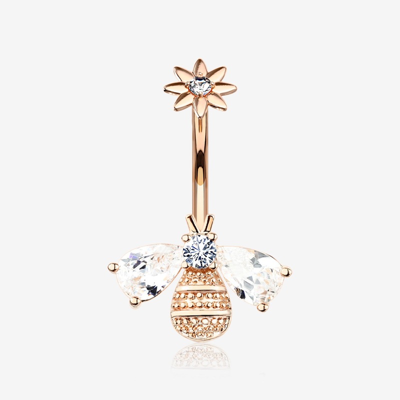 Rose Gold Flower Sparkle Honey Bee Internally Threaded Belly Button Ring