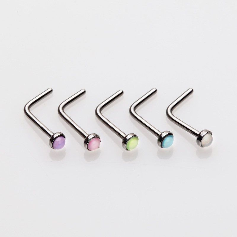 5 Pcs of Iridescent Revo Bezel Set L-Shaped Nose Ring Package
