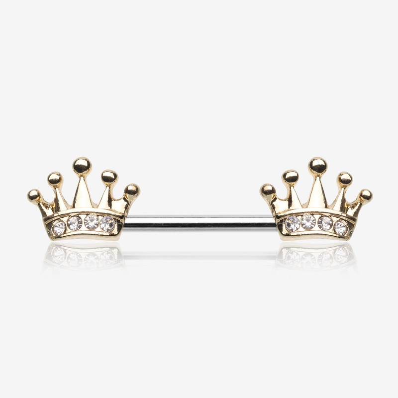 A Pair of Golden Princess Crown Nipple Barbell 14 GA (1.6mm), 1/2″ (12mm)