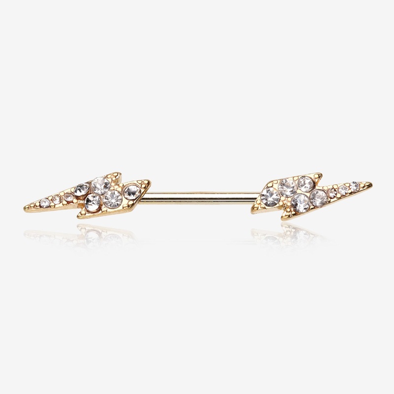 A Pair of Golden Sparkle Lightning Bolt Nipple Barbell Ring 14 GA (1.6mm), 1/2″ (12mm)