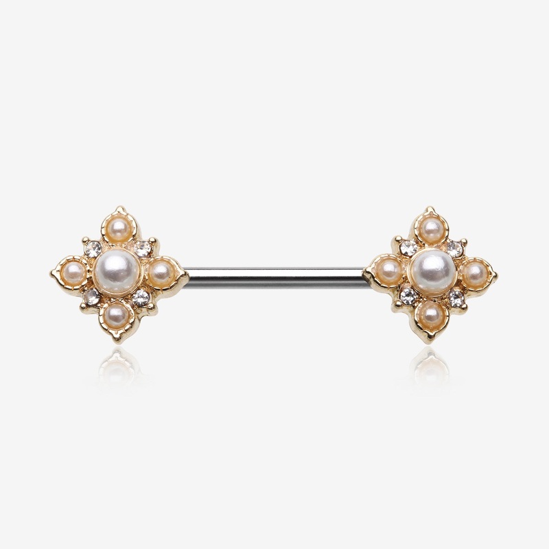 A Pair of Golden Vintage Pearlescent Sparkle Floral Nipple Barbell 14 GA (1.6mm), 1/2″ (12mm)