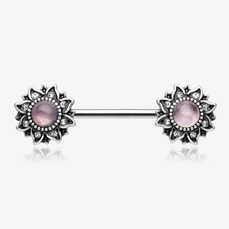 A Pair of Mystique Flower Amethyst Vintage Nipple Barbell 14 GA (1.6mm), 1/2″ (12mm)