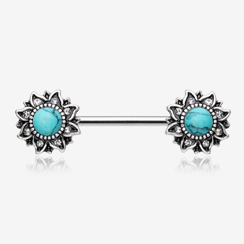 A Pair of Mystique Flower Turquoise Vintage Nipple Barbell 14 GA (1.6mm), 1/2″ (12mm)
