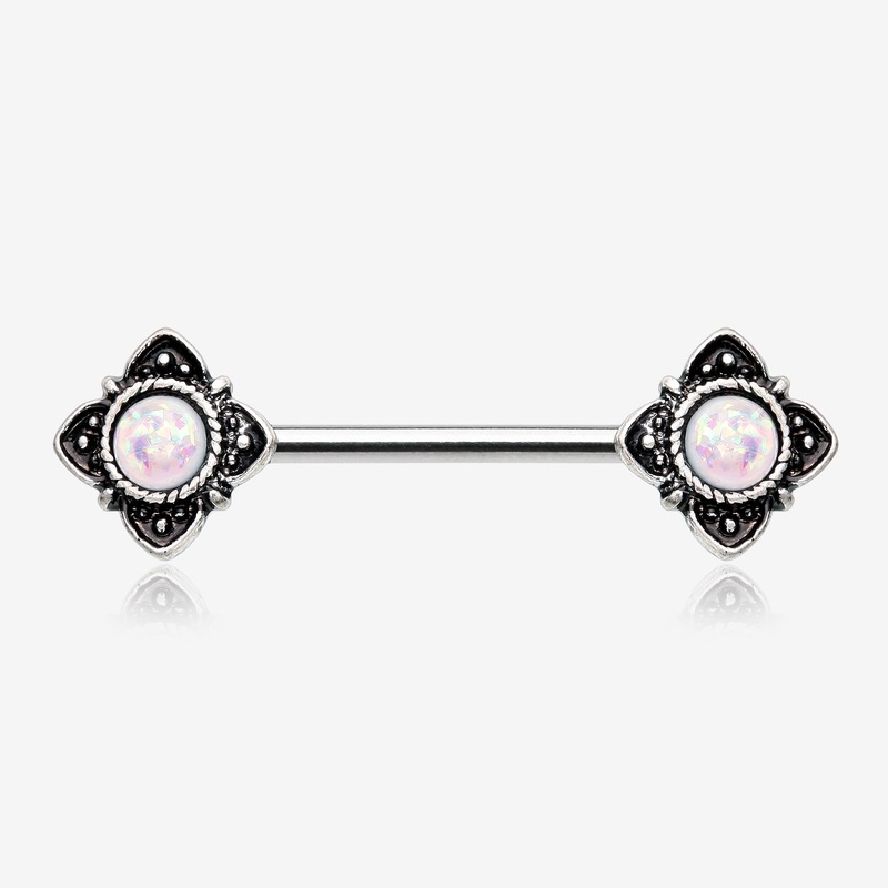 A Pair of Mystique Opal Vintage Nipple Barbell 14 GA (1.6mm), 1/2″ (12mm)
