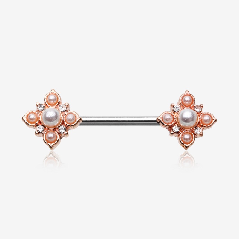 A Pair of Rose Gold Vintage Pearlescent Sparkle Floral Nipple Barbell 14 GA (1.6mm), 1/2″ (12mm)