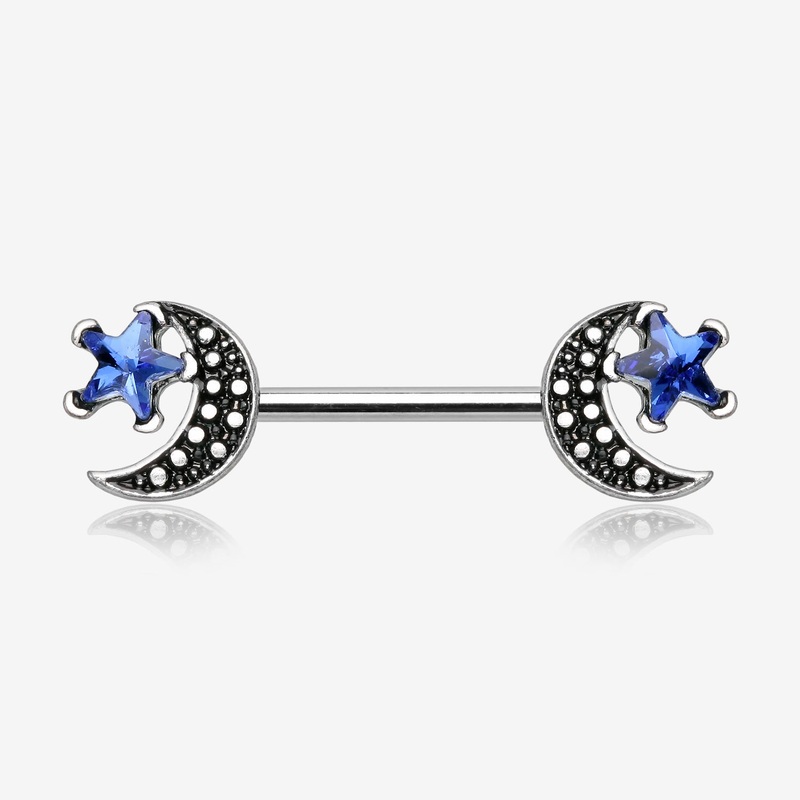 A Pair of Vintage Crescent Moon Sparkle Stars Nipple Barbell 14 GA (1.6mm), 1/2″ (12mm)