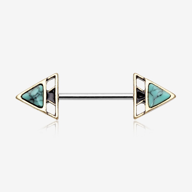 A Pair of Vintage Rustic Geo Turquoise Nipple Barbell 14 GA (1.6mm), 1/2″ (12mm)