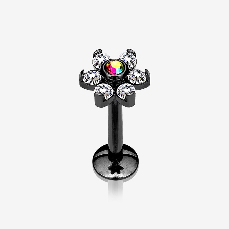 Blackline Brilliant Sparkle Flower Top Internally Threaded Steel Labret 16 GA (1.2mm), 1/4″ (6mm)