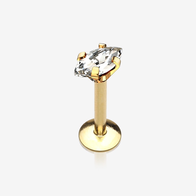 Golden Marquise Sparkle Prong Set Gem Top Internally Threaded Steel Labret 16 GA (1.2mm), 1/4″ (6mm)
