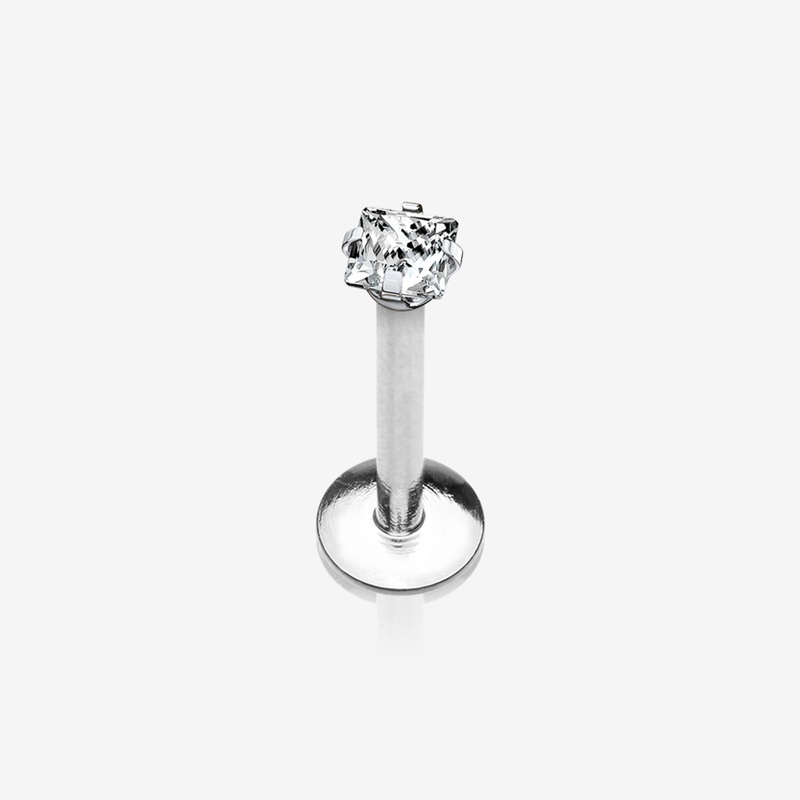Implant Grade Titanium Square Gem Prong Set Top Internally Threaded Labret 16 GA (1.2mm), 1/4″ (6mm), Gem: 2mm