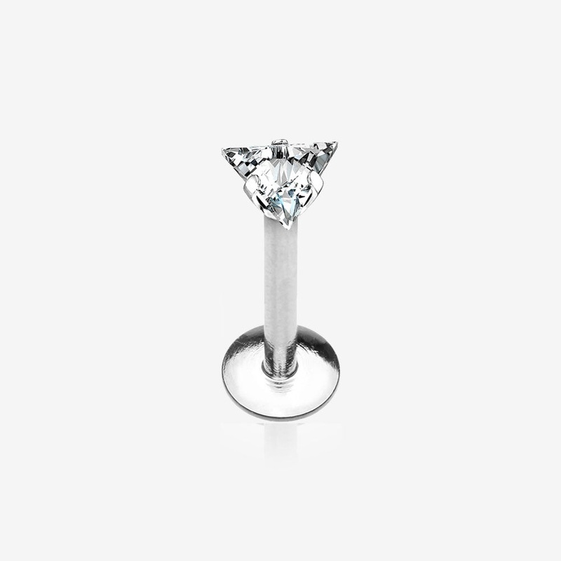 Implant Grade Titanium Triangle Gem Prong Set Top Internally Threaded Labret Clear/White 16 GA (1.2mm), 1/4″ (6mm), Gem: 3mm