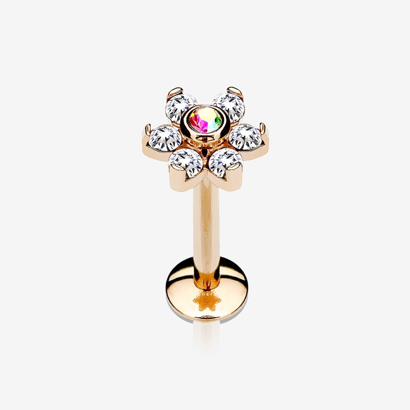 Rose Gold Brilliant Sparkle Flower Top Internally Threaded Steel Labret 16 GA (1.2mm), 1/4″ (6mm)