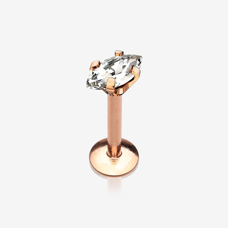 Rose Gold Marquise Sparkle Prong Set Gem Top Internally Threaded Steel Labret 16 GA (1.2mm), 1/4″ (6mm)