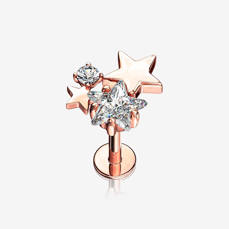 Rose Gold Sparkle Stars Top Internally Threaded Steel Labret 16 GA (1.2mm), 1/4″ (6mm)
