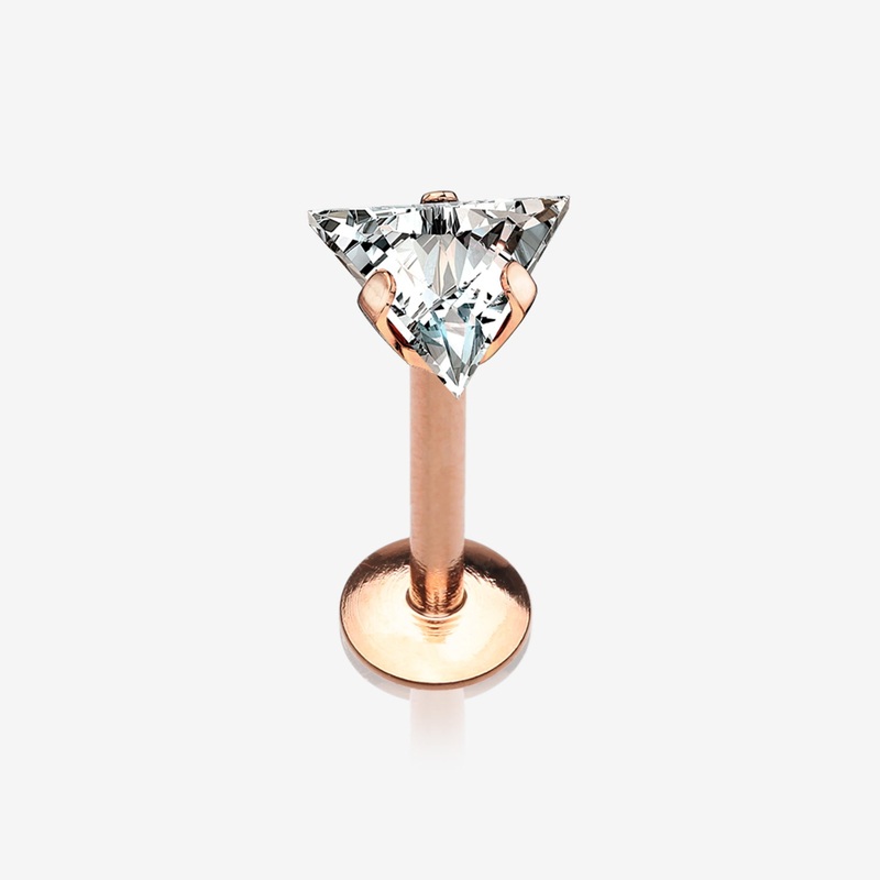 Rose Gold Triangle Gem Sparkle Prong Set Top Internally Threaded Steel Labret 16 GA (1.2mm), 1/4″ (6mm)