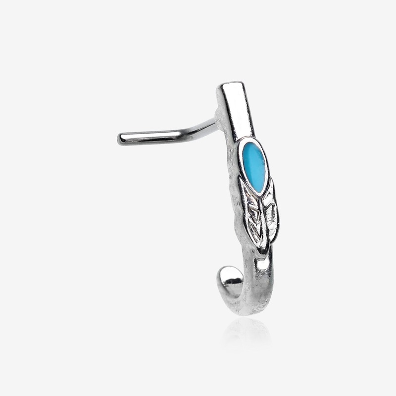Vintage Aqua Feather L-Shaped Nose Hoop Ring